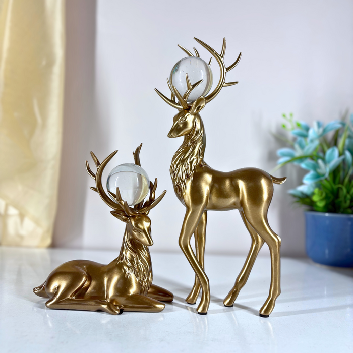 Gold Finish Crystal-Horn Deer Figurine Set of 2