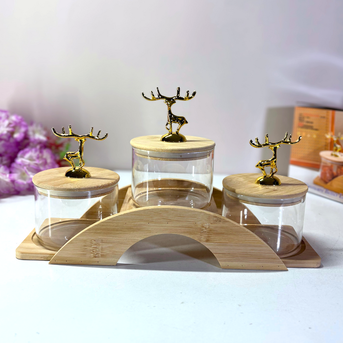 Golden Deer Crystal Glass Storage Set with Wooden Stand – The Decor Paradise