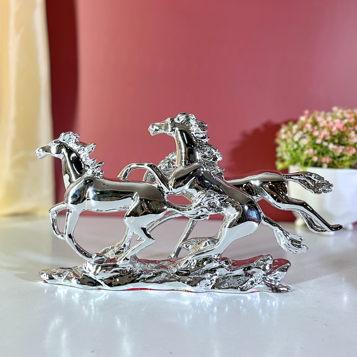 Silver Stallion Trio: Silver Running Horses Sculpture-Modern Indian Home Décor | Decor Paradise