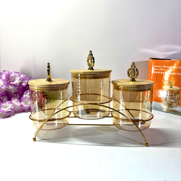 AuraVista Premium Glass & Pinewood Serving Set with Metal Stand