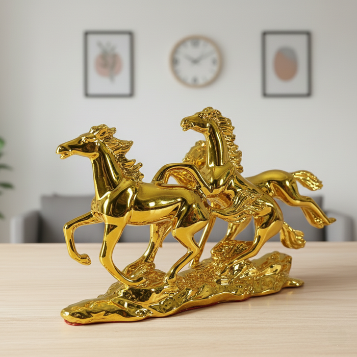 Gold Finish Three Running Horses Statue | Resin Horse Figurine for Home & Office | Vastu Symbol for Success, Speed & Wealth (31 cm Length