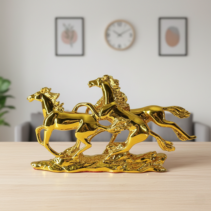 Gold Finish Three Running Horses Statue | Resin Horse Figurine for Home & Office | Vastu Symbol for Success, Speed & Wealth (31 cm Length