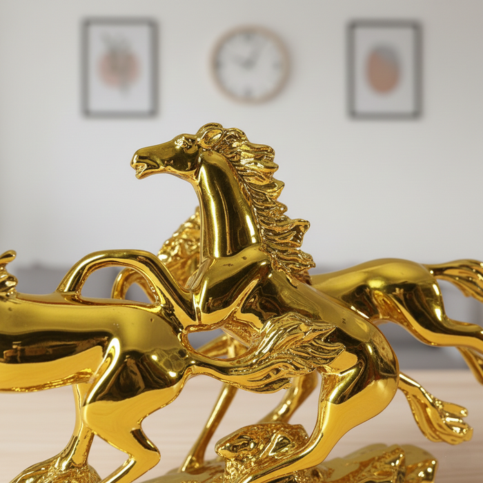 Gold Finish Three Running Horses Statue | Resin Horse Figurine for Home & Office | Vastu Symbol for Success, Speed & Wealth (31 cm Length