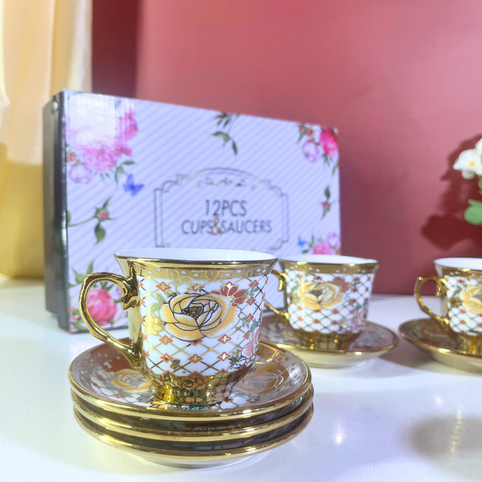 Regal Diamond Lattice Gold & White Ceramic Tea Cup & Saucer Set - 12 Pieces (6 Cups + 6 Saucers)