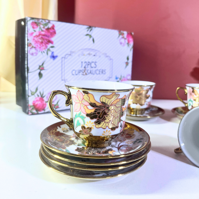 Floral Elegance Gold-Trim Ceramic Tea Cup & Saucer Set – 12 Pieces