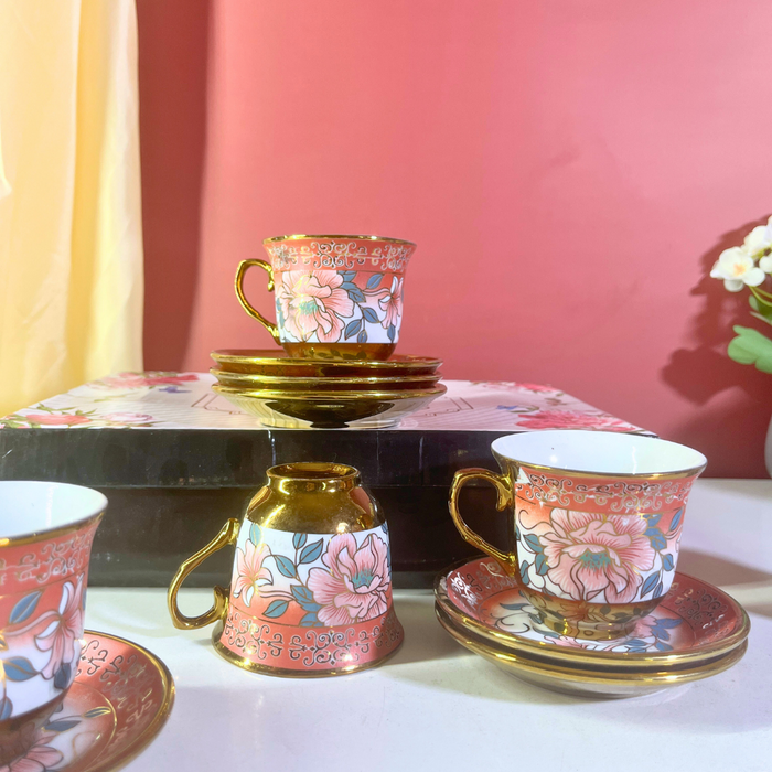 Coral Blossom Gold-Trim Ceramic Tea Cup & Saucer Set – 12 Pieces