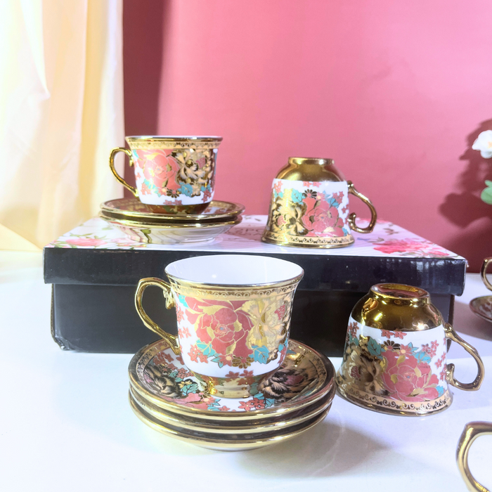 Coral Luxe Floral Gold-Trim Ceramic Tea Cup & Saucer Set – 12 Pieces