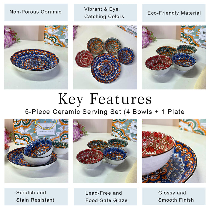 Bohemian Mandala Ceramic Bowl & Plate Set (5 Pieces) – Geometric Pattern Serving Collection