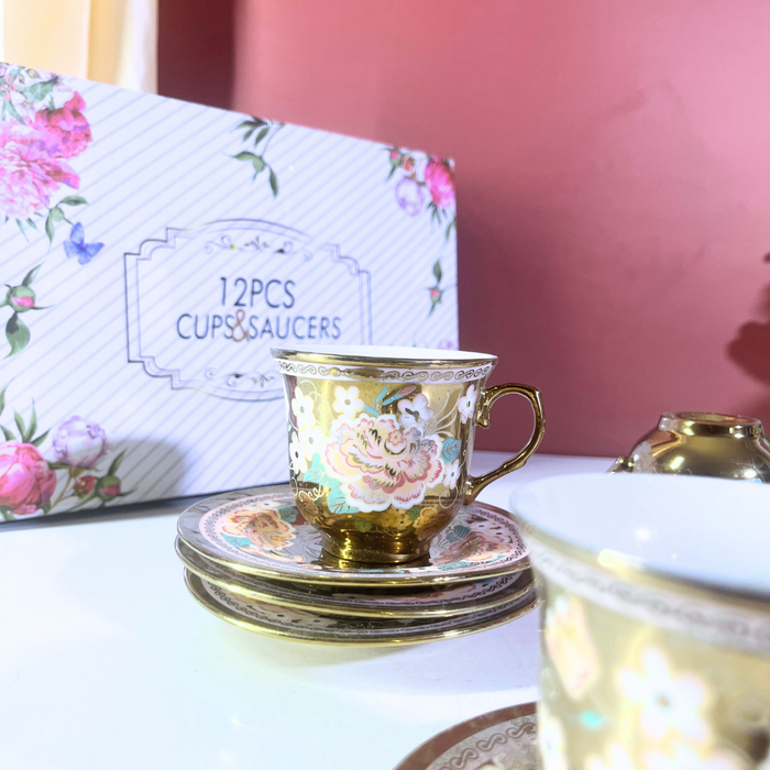 The Decor Paradise 12-Piece Gold Floral Ceramic Cup & Saucer Set