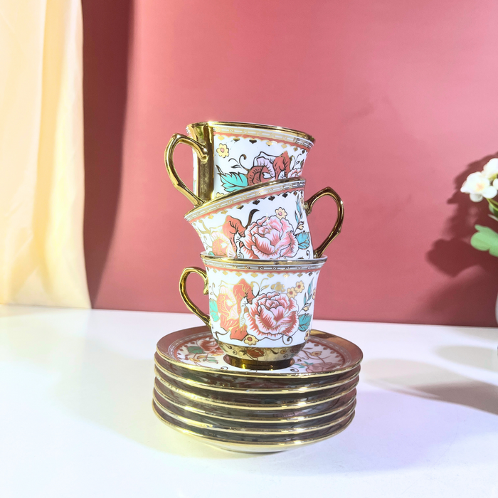 Mint Rose Gold-Trim Ceramic Tea Cup & Saucer Set – 12-Piece Collection
