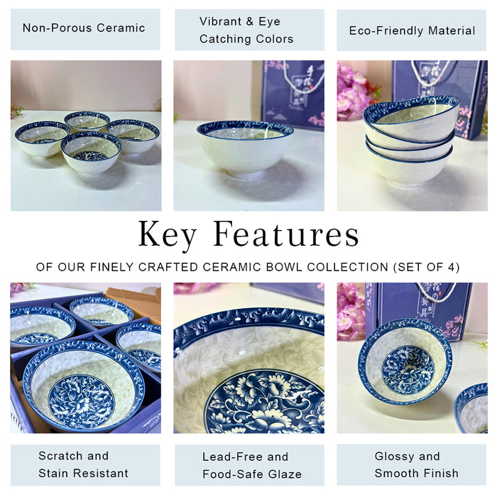 Chinoiserie Blue & White Ceramic Bowl Set of 4 Online India | The Decor Paradise
