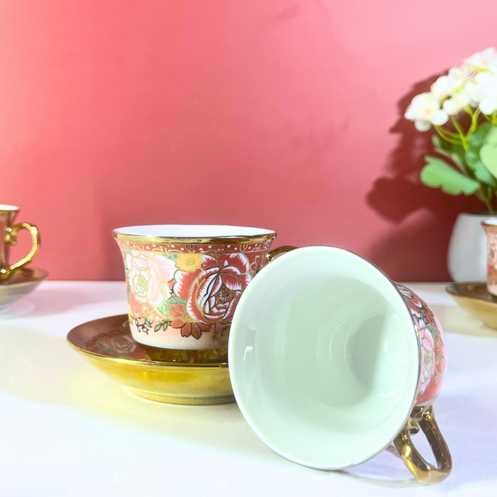 Blush Blossom Pink & Gold Ceramic Tea Cup & Saucer Set (12-Piece)