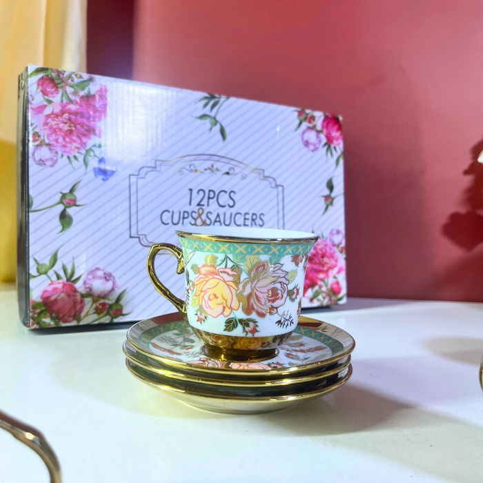 Sage Garden Mint Green Floral Ceramic Tea Cup & Saucer Set - 12 Pieces (6 Cups + 6 Saucers)