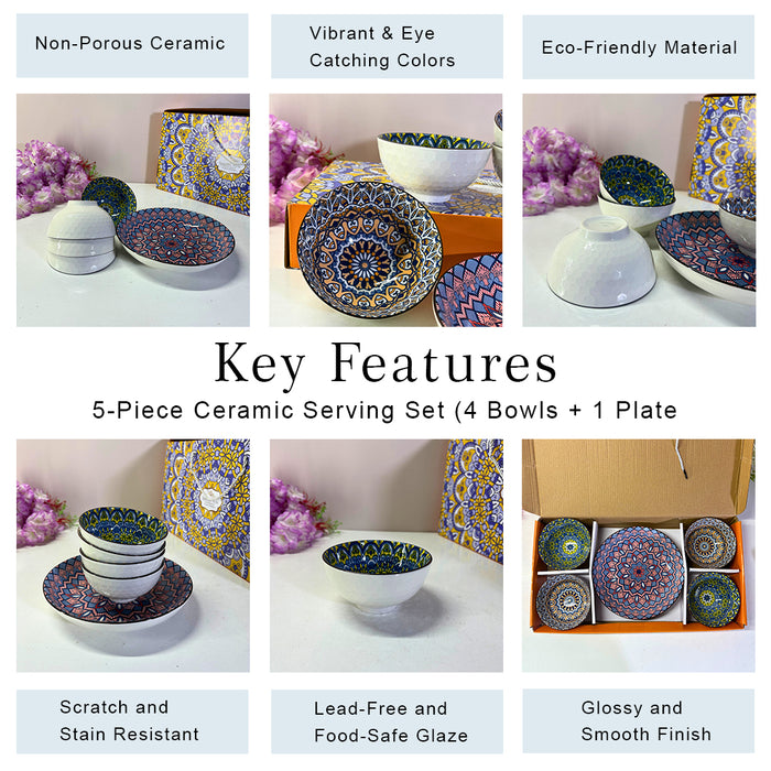 Boho Mandala Ceramic Bowl & Plate Set (4 Bowls + 1 Plate) – Geometric Dinnerware Collection