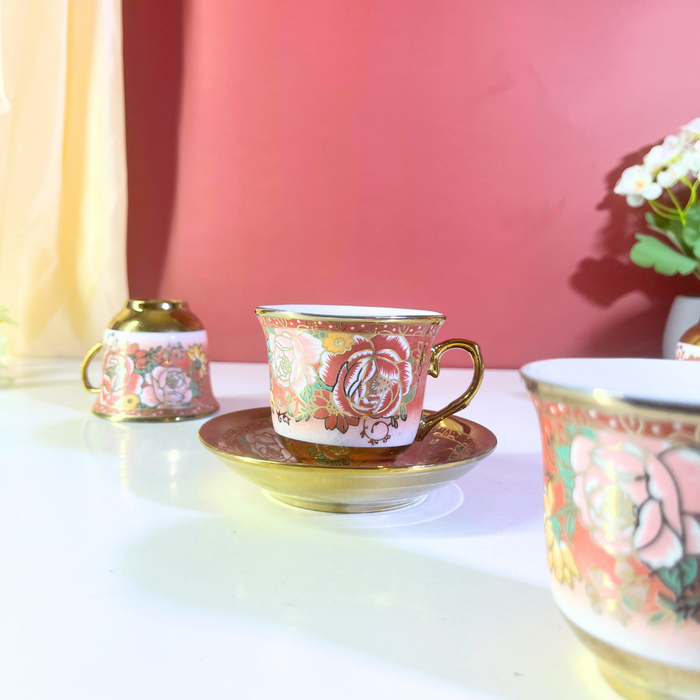 Blush Blossom Pink & Gold Ceramic Tea Cup & Saucer Set (12-Piece)