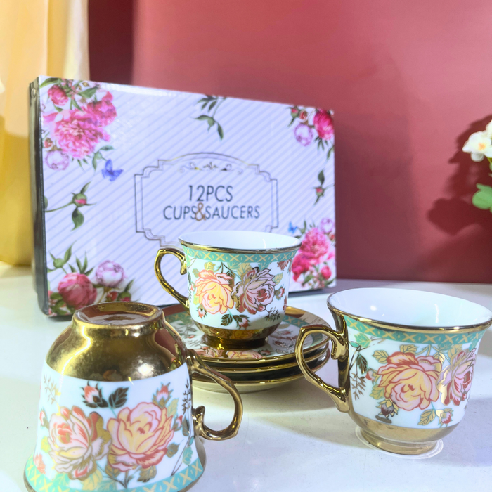 Sage Garden Mint Green Floral Ceramic Tea Cup & Saucer Set - 12 Pieces (6 Cups + 6 Saucers)
