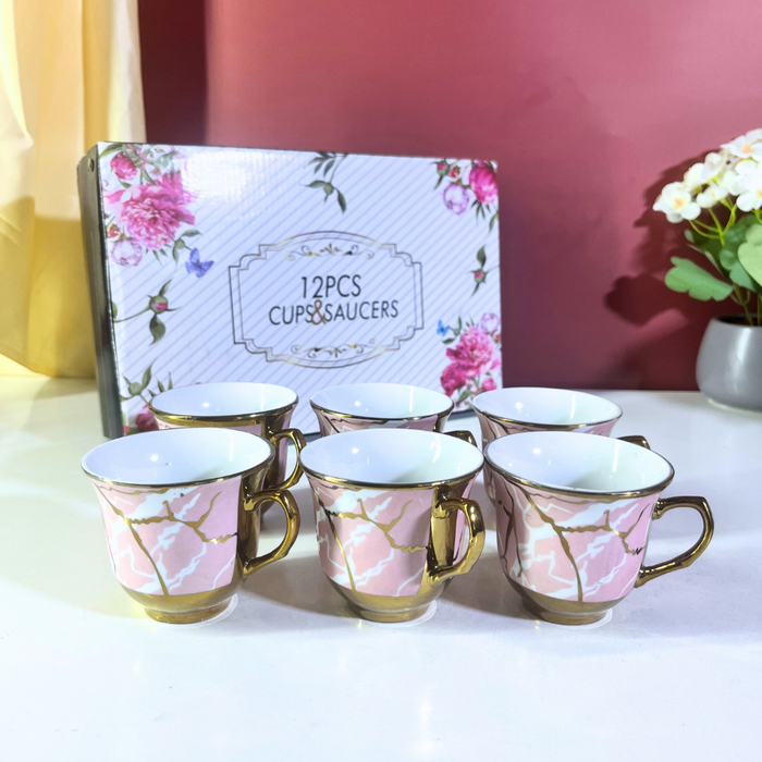 Luxe Pink Marble Ceramic Tea Cup & Saucer Set of 12 Pieces (6 Cups + 6 Saucers) with Gold Rim & Handle