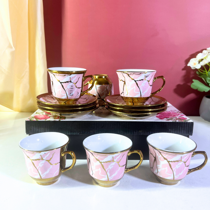 Luxe Pink Marble Ceramic Tea Cup & Saucer Set of 12 Pieces (6 Cups + 6 Saucers) with Gold Rim & Handle