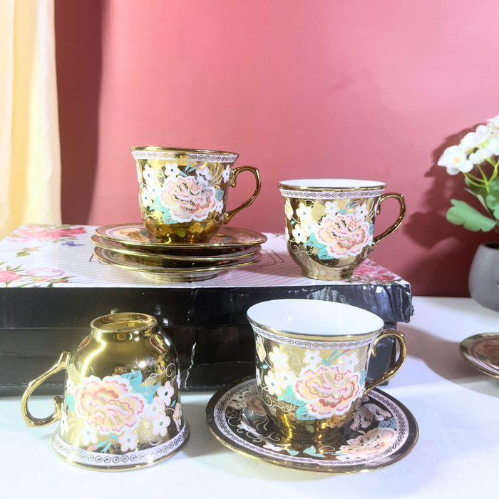 The Decor Paradise 12-Piece Gold Floral Ceramic Cup & Saucer Set