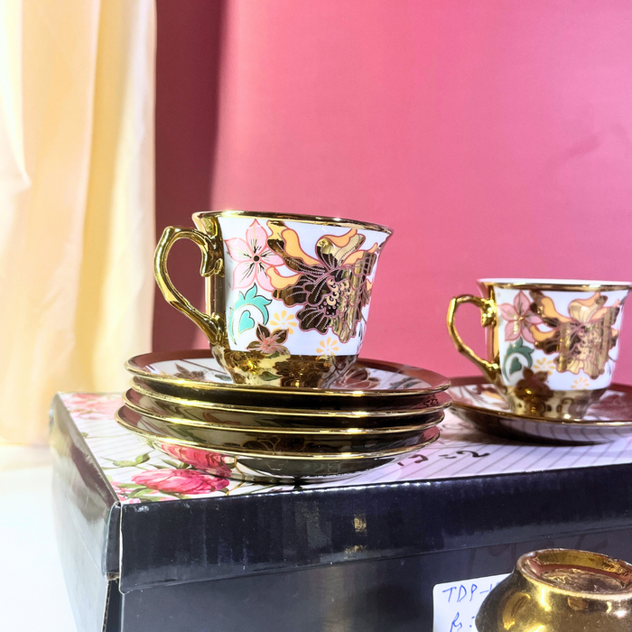 Floral Elegance Gold-Trim Ceramic Tea Cup & Saucer Set – 12 Pieces