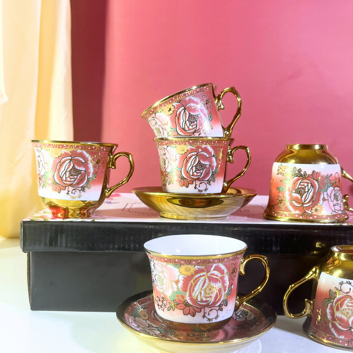 Blush Blossom Pink & Gold Ceramic Tea Cup & Saucer Set (12-Piece)