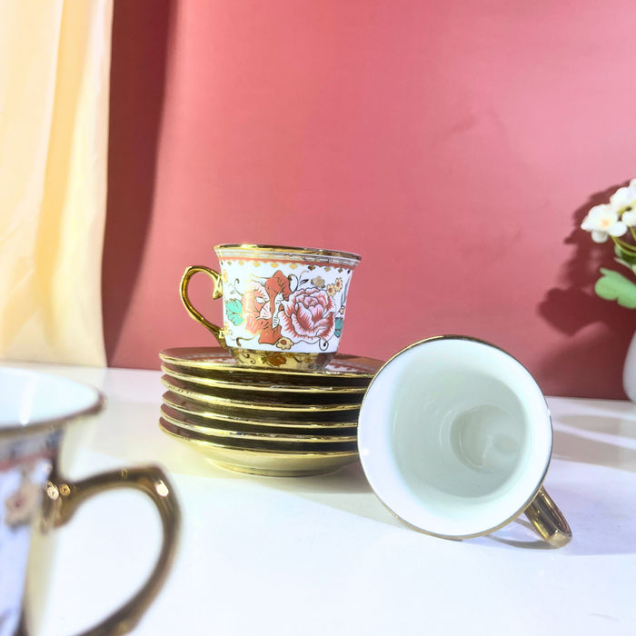 Mint Rose Gold-Trim Ceramic Tea Cup & Saucer Set – 12-Piece Collection