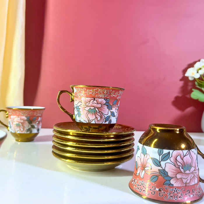 Coral Blossom Gold-Trim Ceramic Tea Cup & Saucer Set – 12 Pieces