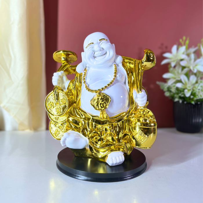 Premium Resin Laughing Buddha Statue - 28cm Golden Feng Shui Home Decor Showpiece