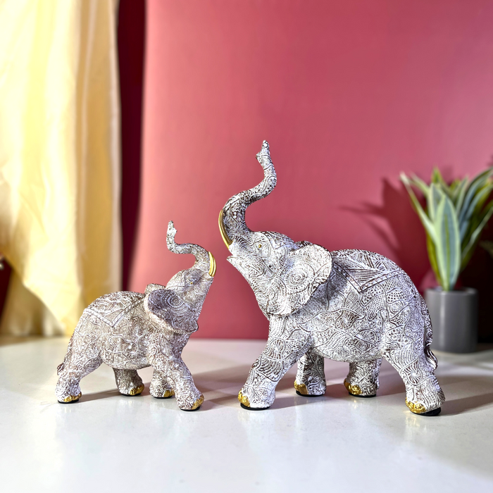 Premium White & Gold Embossed Elephant Figurine Set of 2 Polyresin Décor