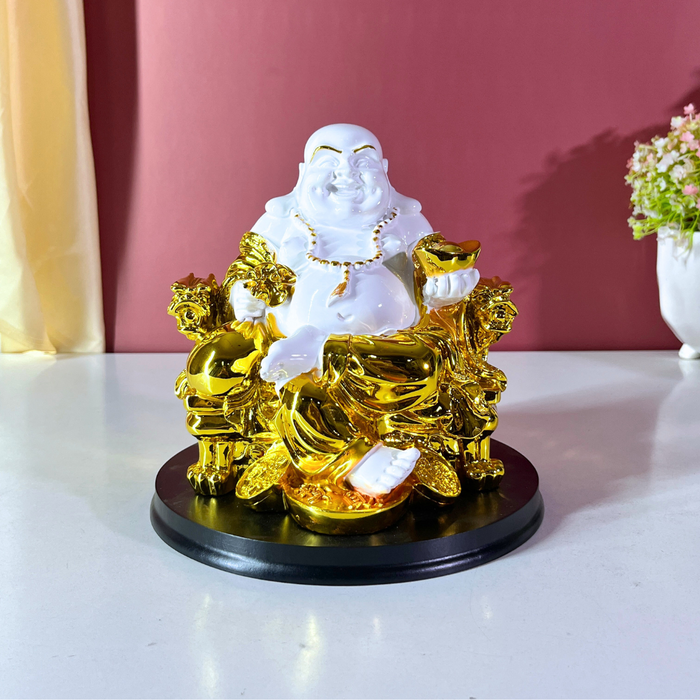 Premium 20 cm Resin Laughing Buddha Statue – Gold & White Feng Shui Home Decor Showpiece