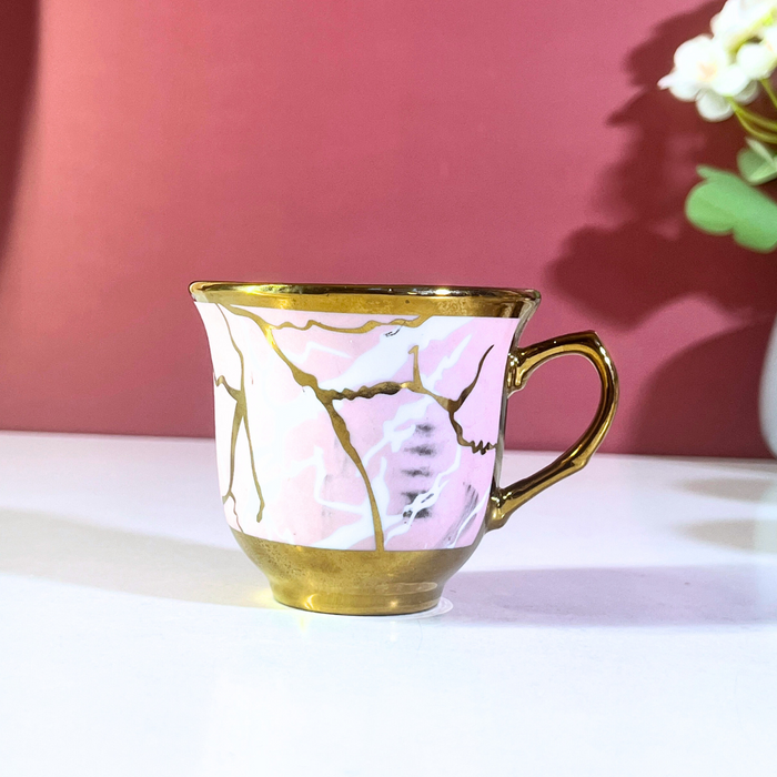 Luxe Pink Marble Ceramic Tea Cup & Saucer Set of 12 Pieces (6 Cups + 6 Saucers) with Gold Rim & Handle