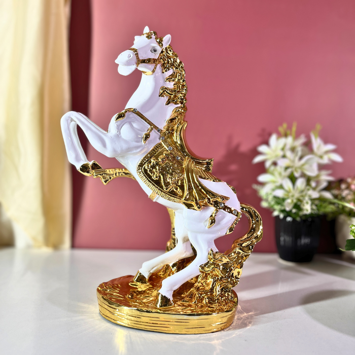 Premium Royal White Gold Horse Statue Crystal Saddle Polyresin