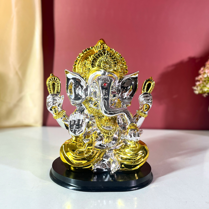 Silver and Gold Resin Lord Ganesha Statue | Elegant Ganpati Idol for Home & Office | Vastu Gift for Prosperity & Success (19 cm)