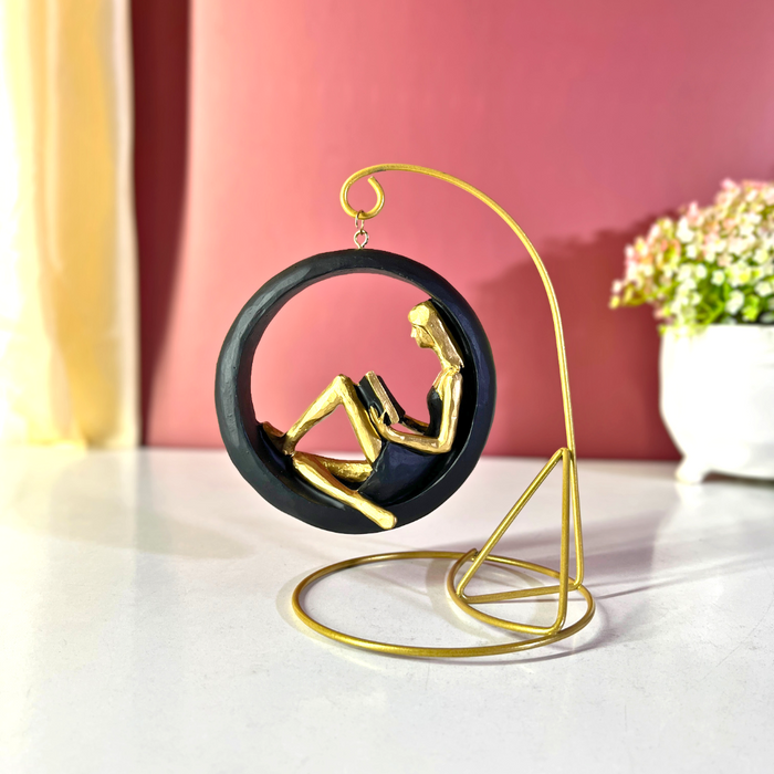 Blue & Gold Hanging Reading Girl Figurine Polyresin