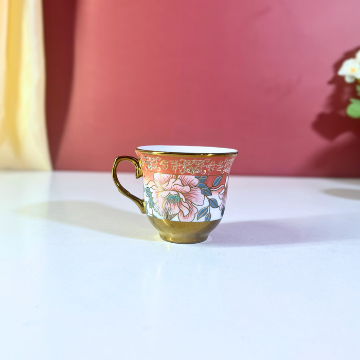 Coral Blossom Gold-Trim Ceramic Tea Cup & Saucer Set – 12 Pieces