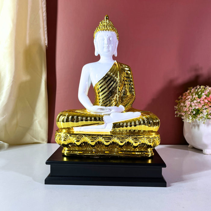 Gautam Buddha Resin Statue – 41 cm White & Gold Feng Shui Home Decor Showpiece
