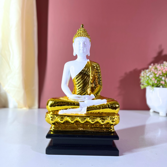 White and Gold Gautam Buddha Statue | Serene Resin Buddha Idol for Meditation & Home Decor | Feng Shui & Spiritual Wellness (27 cm)