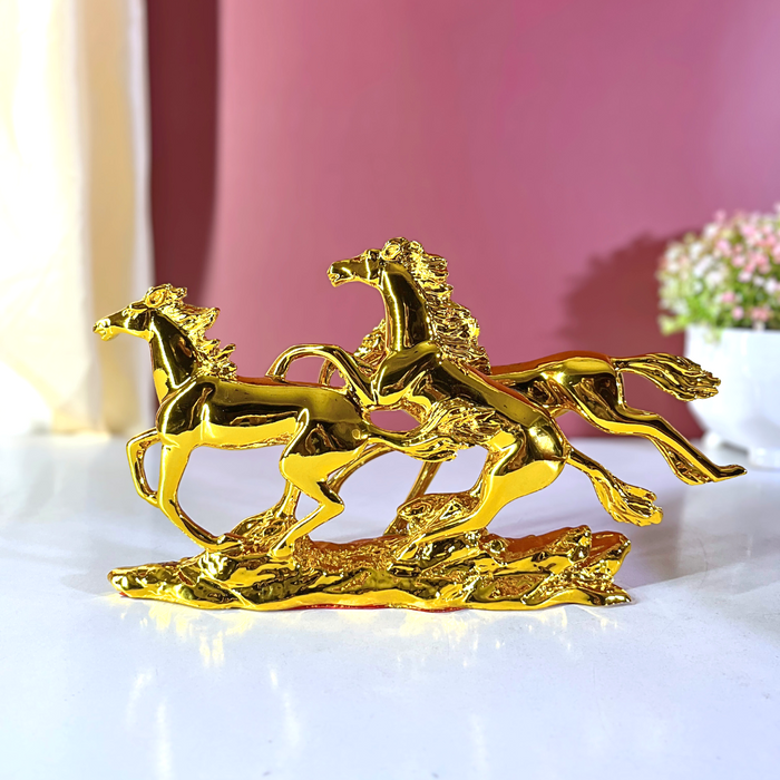Gold Finish Three Running Horses Statue | Resin Horse Figurine for Home & Office | Vastu Symbol for Success, Speed & Wealth (31 cm Length