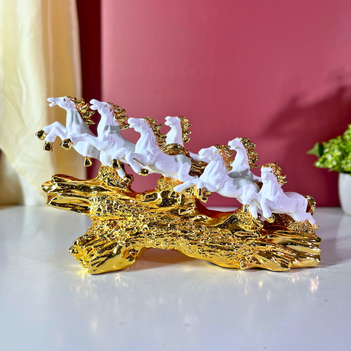 7 Running Horses Statue White Gold Polyresin
