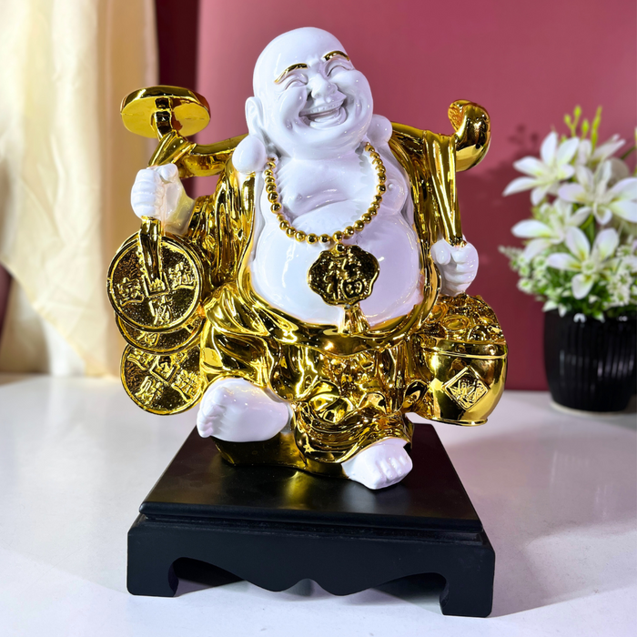 White and Gold Laughing Buddha Statue for Home & Office | Resin Feng Shui Money Buddha | Brings Wealth, Joy & Good Fortune (31cm)