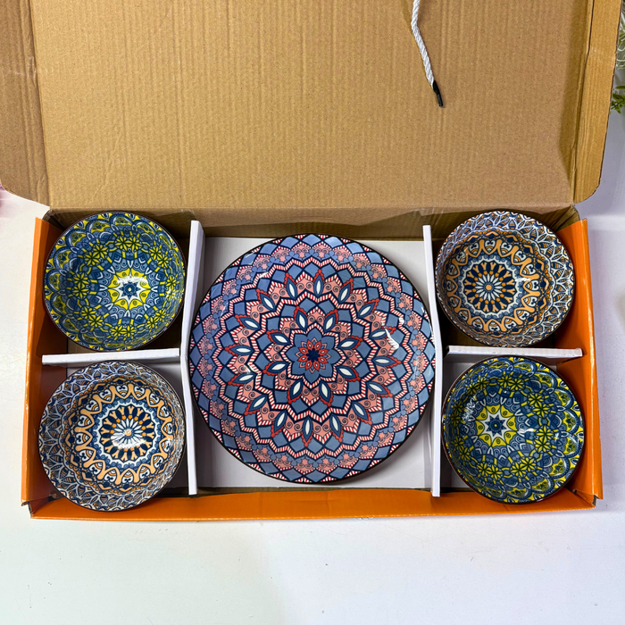 Boho Mandala Ceramic Bowl & Plate Set (4 Bowls + 1 Plate) – Geometric Dinnerware Collection