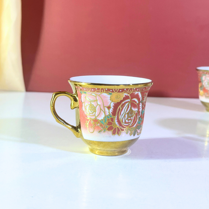 Blush Blossom Pink & Gold Ceramic Tea Cup & Saucer Set (12-Piece)