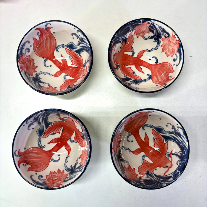 Japanese Koi Lotus Ceramic Bowl Set (4 Pieces) – Traditional Oriental Serving Collection