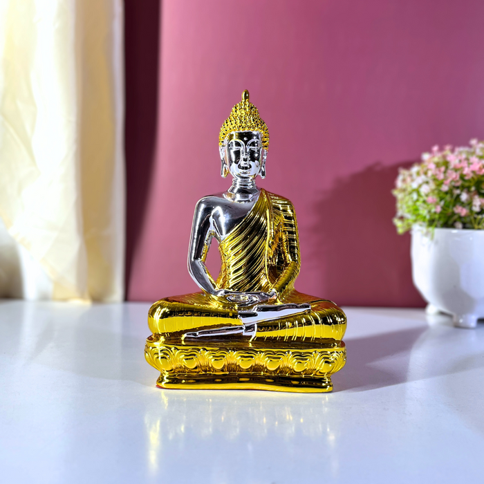 Silver and Gold Gautam Buddha Statue | Elegant Resin Buddha Idol for Meditation Altar | Vastu Decor for Home & Office (23 cm)