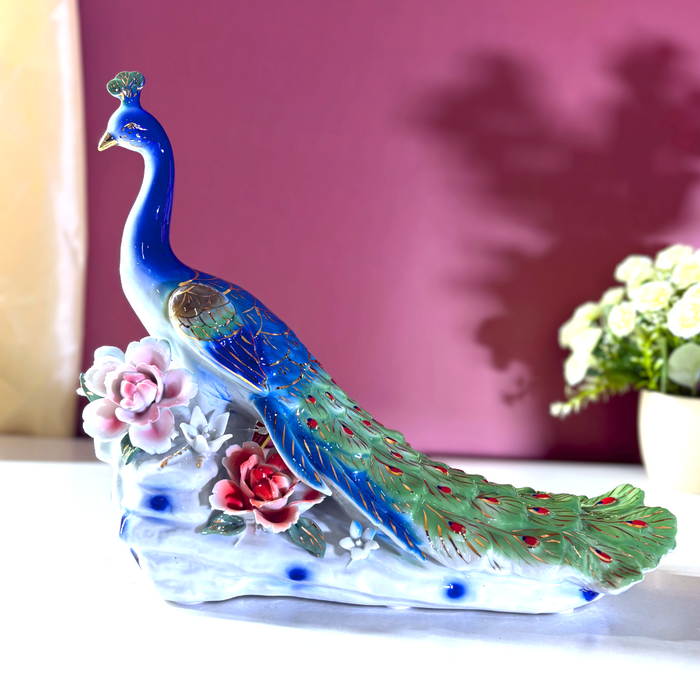 Celestial Blue Ceramic Peacock Sculpture – Premium Art Décor by The Decor Paradise