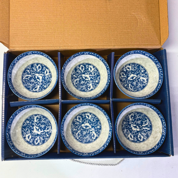 Chinoiserie Blue & White Ceramic Bowl Set (6 Pieces) – Traditional Floral Hand-Painted Collection