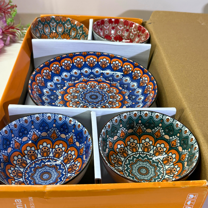 Bohemian Mandala Ceramic Bowl & Plate Set (5 Pieces) – Geometric Pattern Serving Collection