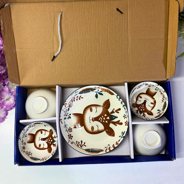 Woodland Deer Ceramic Bowl & Plate Gift Set (5 Pieces) – Forest Friends Dinnerware Collection