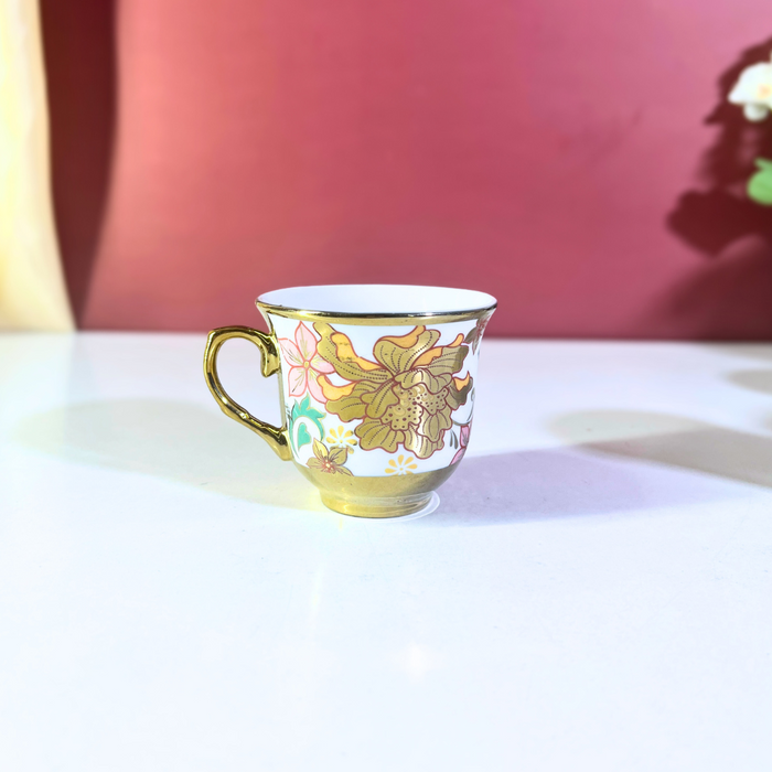 Floral Elegance Gold-Trim Ceramic Tea Cup & Saucer Set – 12 Pieces