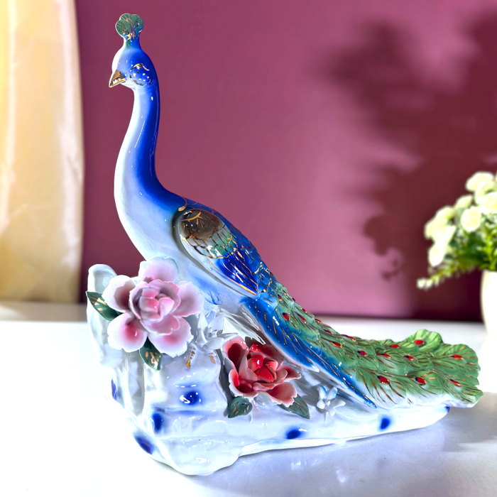 Celestial Blue Ceramic Peacock Sculpture – Premium Art Décor by The Decor Paradise